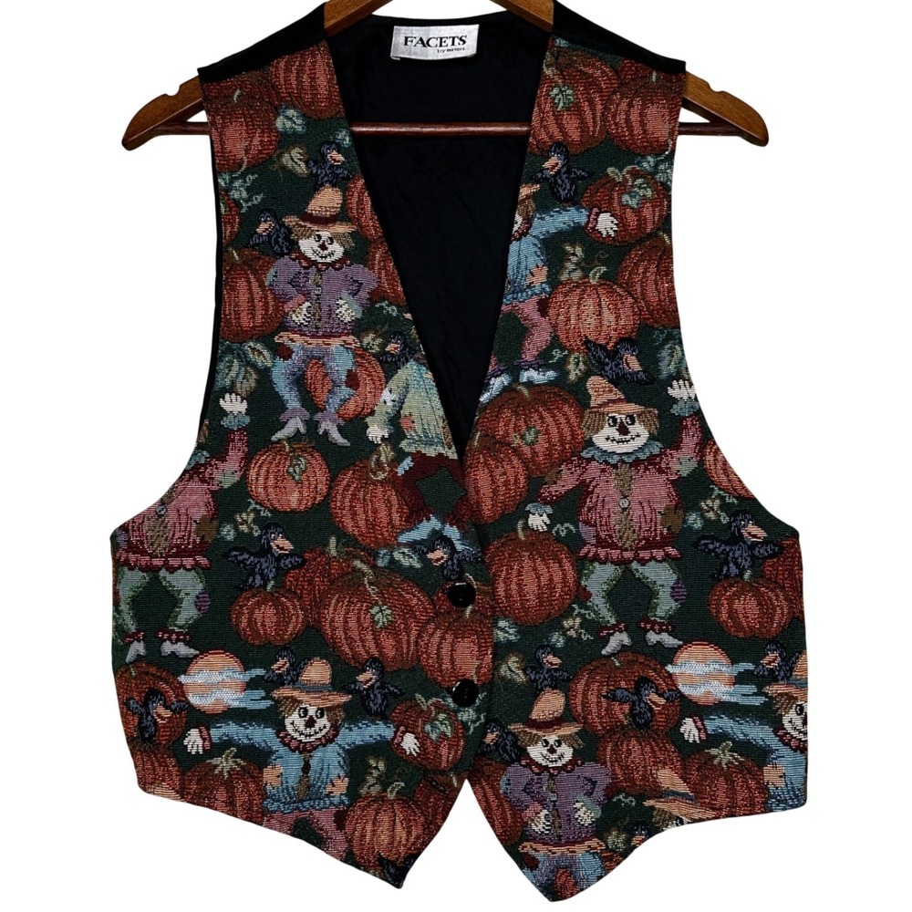Facets by Mirrors Vintage Halloween Tapestry Vest Womens Large Scarecrow Pumpkin
